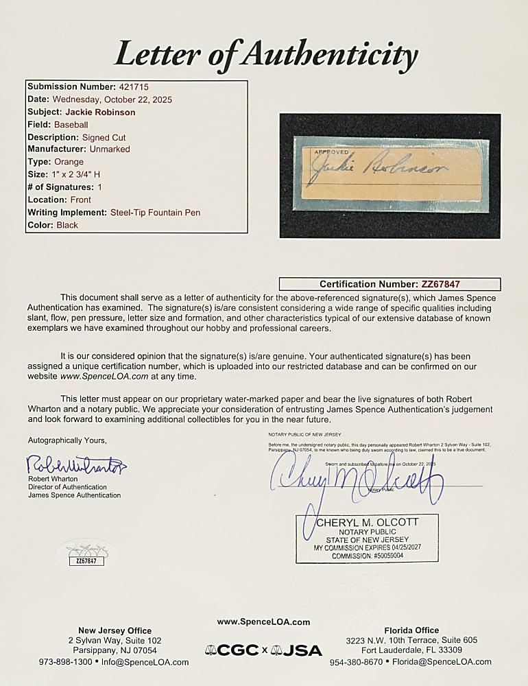 Jackie Robinson Cut Signature (Laminated) - JSA