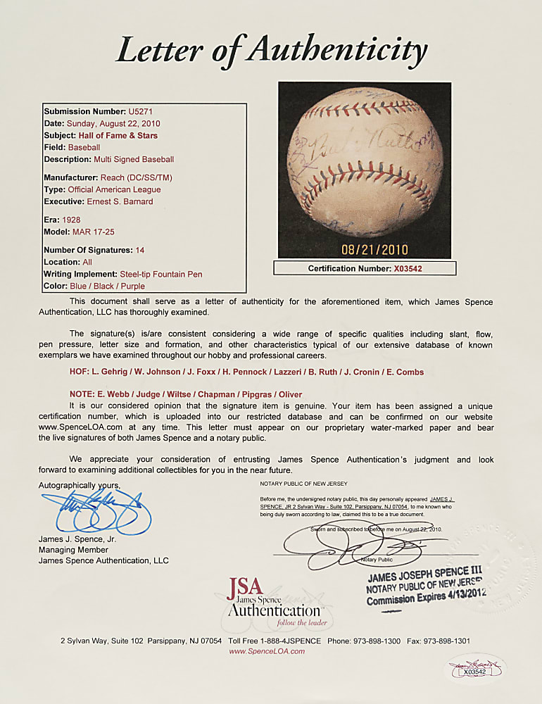 Circa 1930 Hall of Fame and Stars Multi-Signed Baseball with Babe Ruth, Lou Gehrig, Walter Johnson, and Jimmie Foxx - JSA