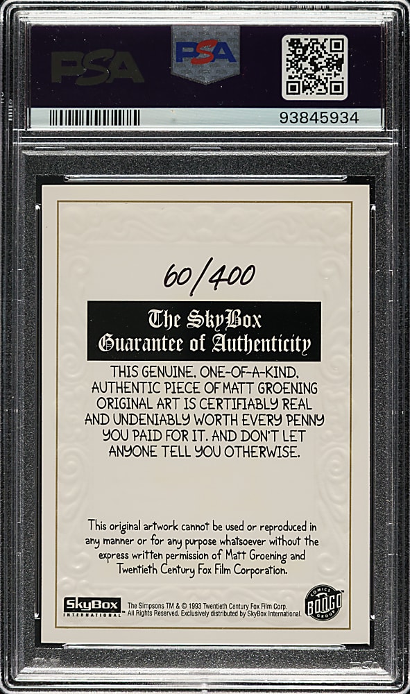 1993 SkyBox Simpsons Matt Groening "Art DeBart" Sketch Card #60/400 PSA EX-MT 6 with GEM MINT 10 Signature