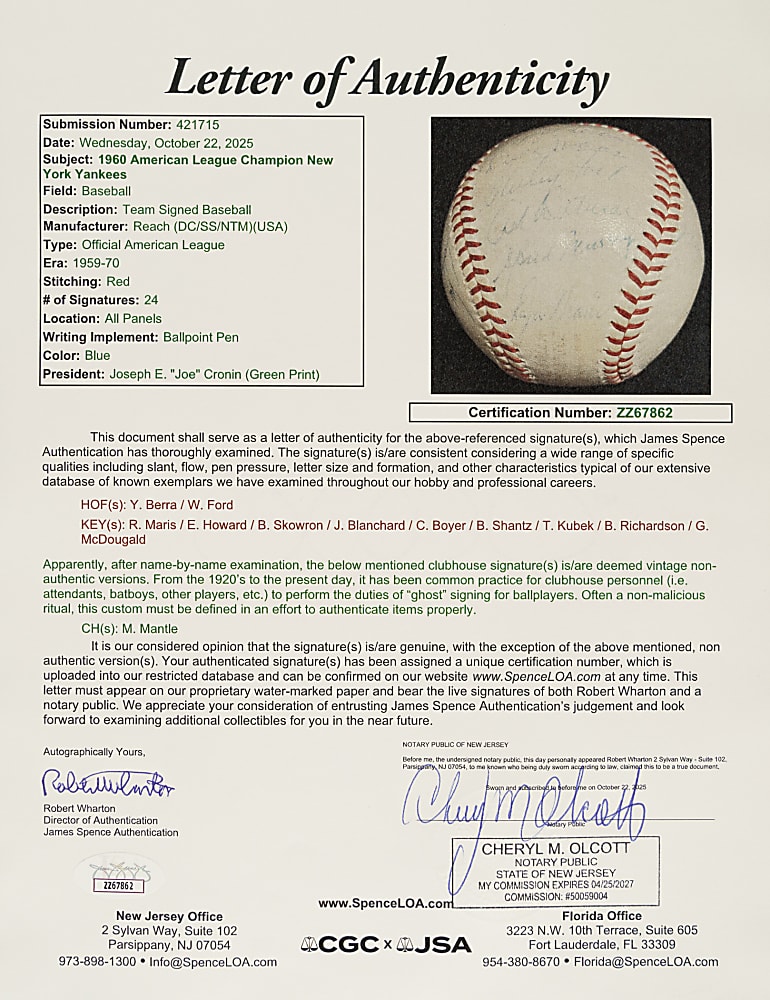 1960 New York Yankees American League Champions Team-Signed Baseball with Roger Maris - JSA