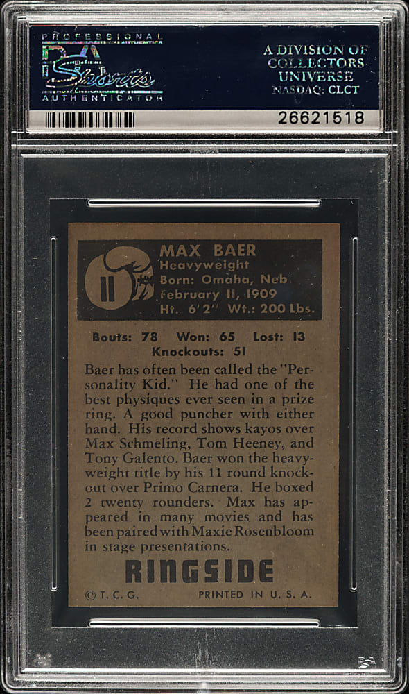 1951 Topps Ringside Boxing #11 Max Baer PSA MINT 9 - Highest Graded!