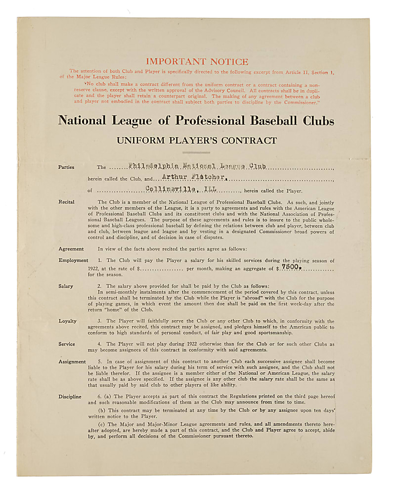 1922 Arthur Fletcher Philadelphia Phillies Player Contract