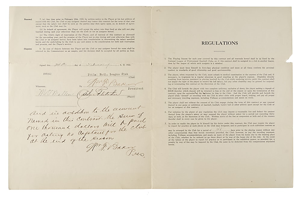 1922 Arthur Fletcher Philadelphia Phillies Player Contract