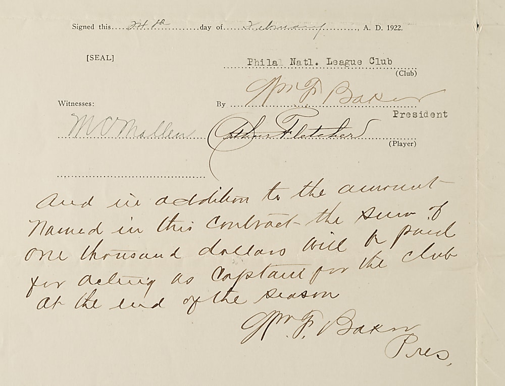 1922 Arthur Fletcher Philadelphia Phillies Player Contract
