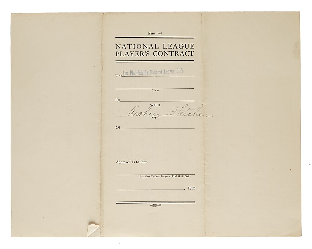 1922 Arthur Fletcher Philadelphia Phillies Player Contract