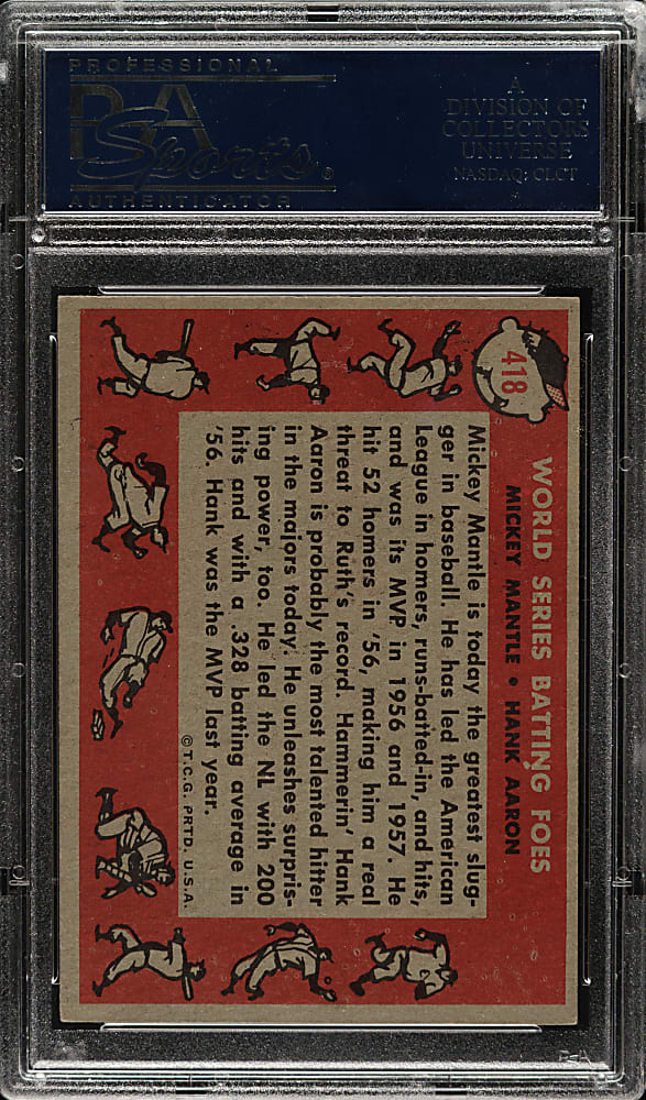 1958 Topps #418 World Series Batting Foes with Mickey Mantle and Hank Aaron PSA NM 7