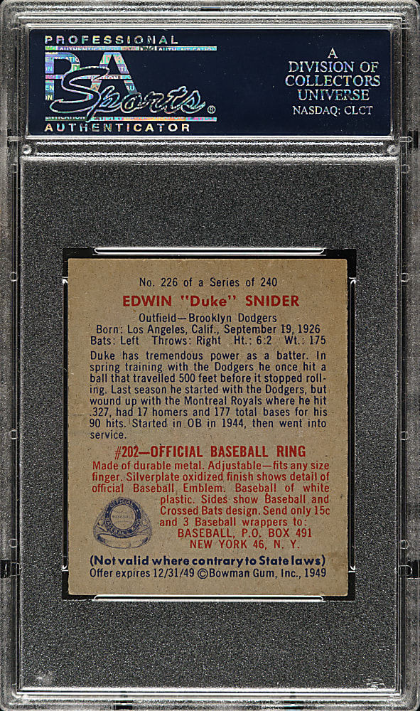 1949 Bowman #226 Duke Snider Rookie PSA NM 7
