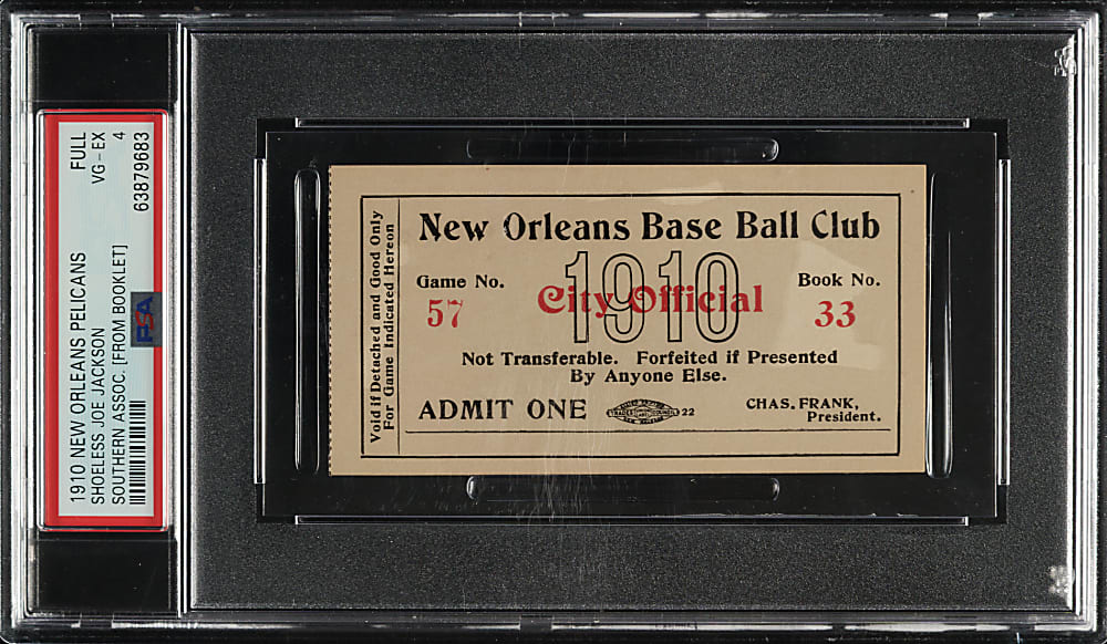 1910 New Orleans Pelicans Full Ticket PSA VG-EX 4 - Shoeless Joe Jackson on Team