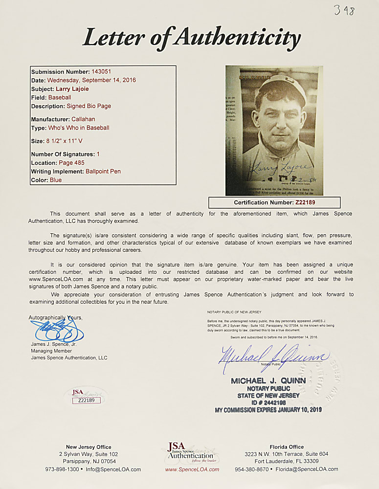 1933 Larry Lajoie Signed "Who's Who in Baseball" Page - JSA