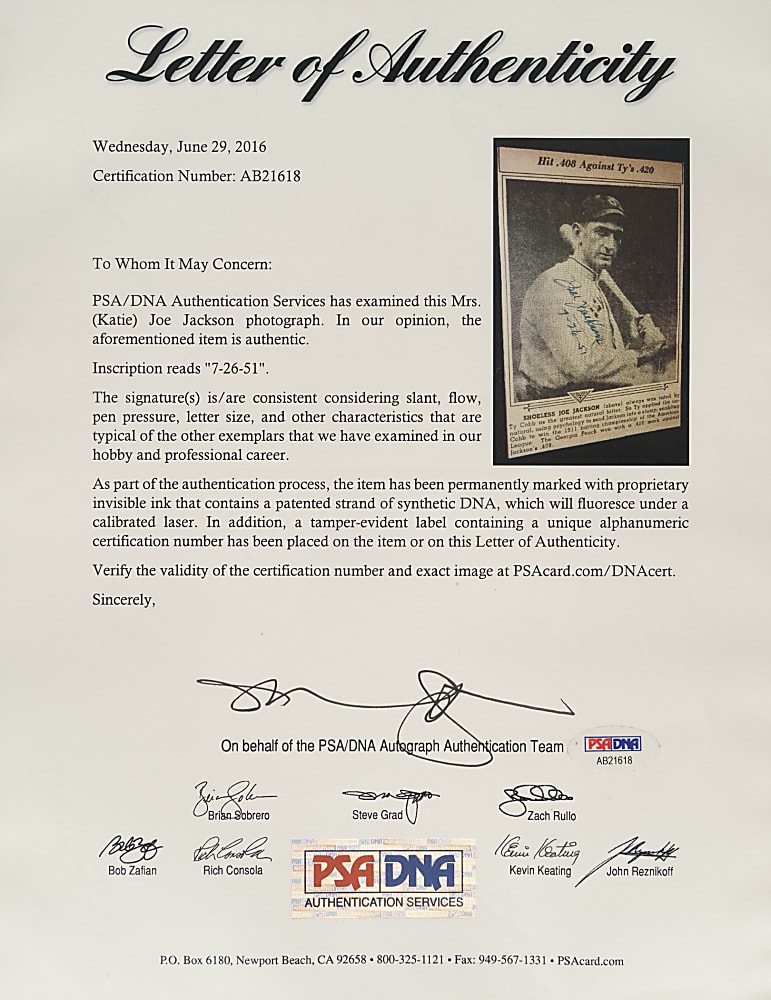 1951 Joe Jackson Signed Newspaper Photograph - Signed by His Wife - PSA/DNA