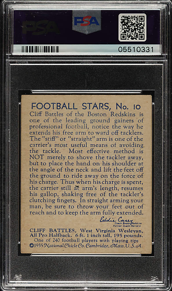 1935 R331 National Chicle Football #10 Cliff Battles Rookie PSA EX 5