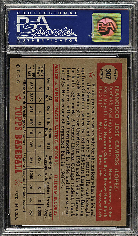 1952 Topps #307 Frank Campos PSA NM-MT 8