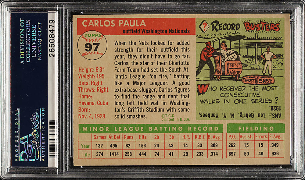 1955 Topps #97 Carlos Paula PSA MINT 9