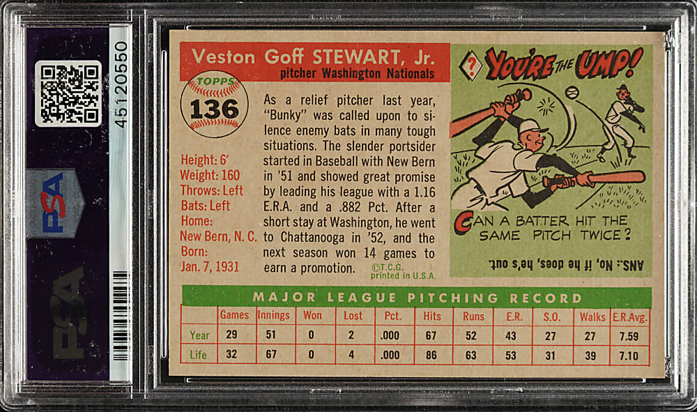 1955 Topps #136 Bunky Stewart PSA MINT 9 - Highest Graded!