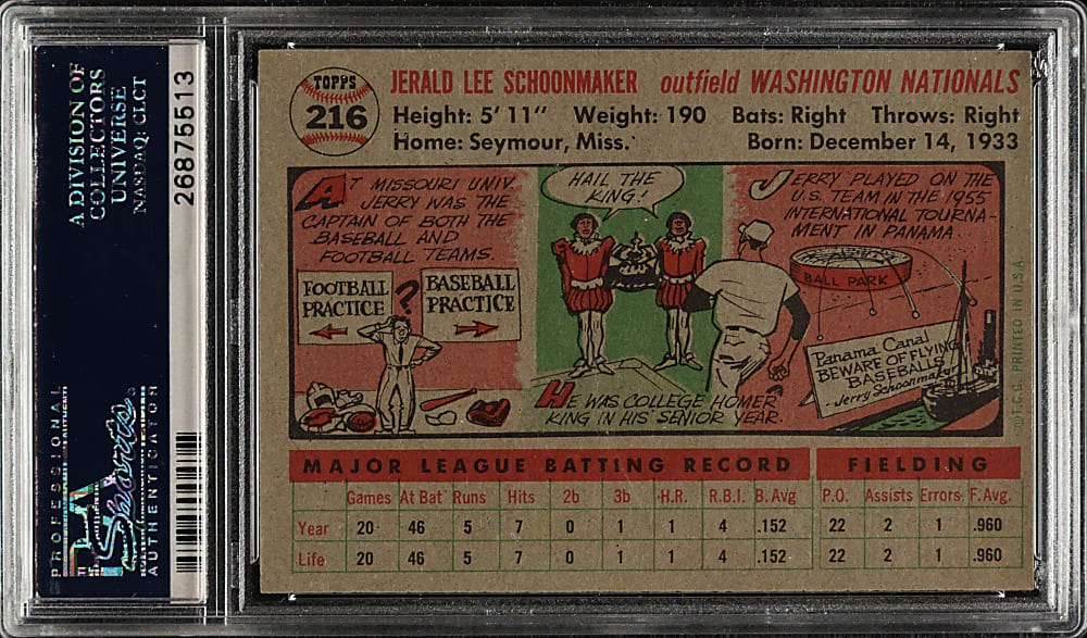 1956 Topps #216 Jerry Schoonmaker PSA MINT 9