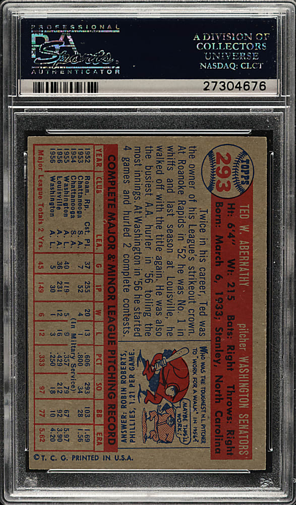 1957 Topps #293 Ted Abernathy PSA MINT 9 - Highest Graded!