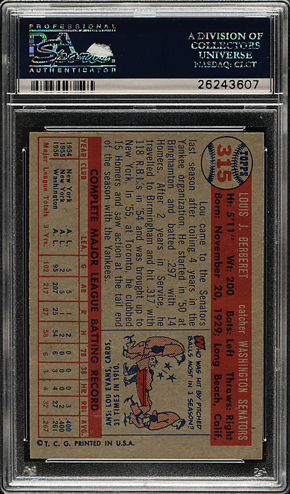 1957 Topps #315 Lou Berberet PSA MINT 9 - Highest Graded!