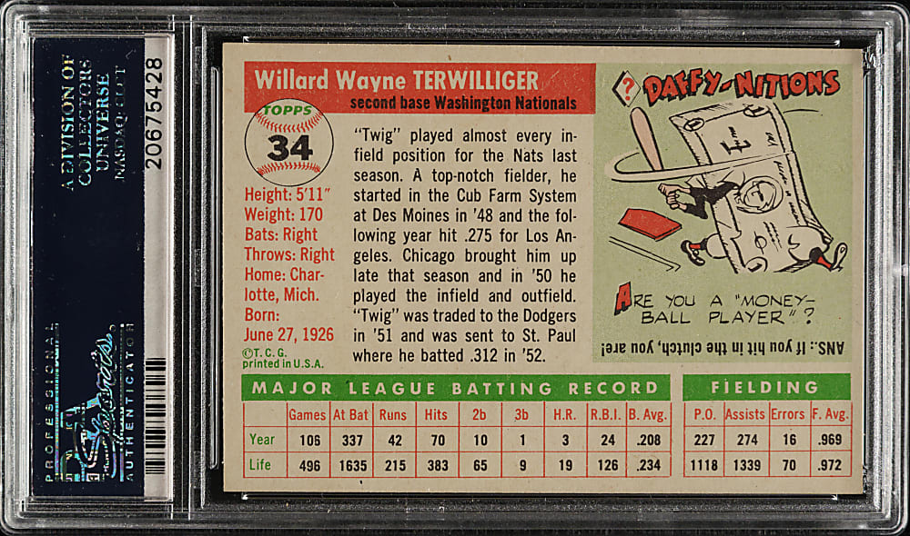 1955 Topps #34 Wayne Terwilliger PSA MINT 9