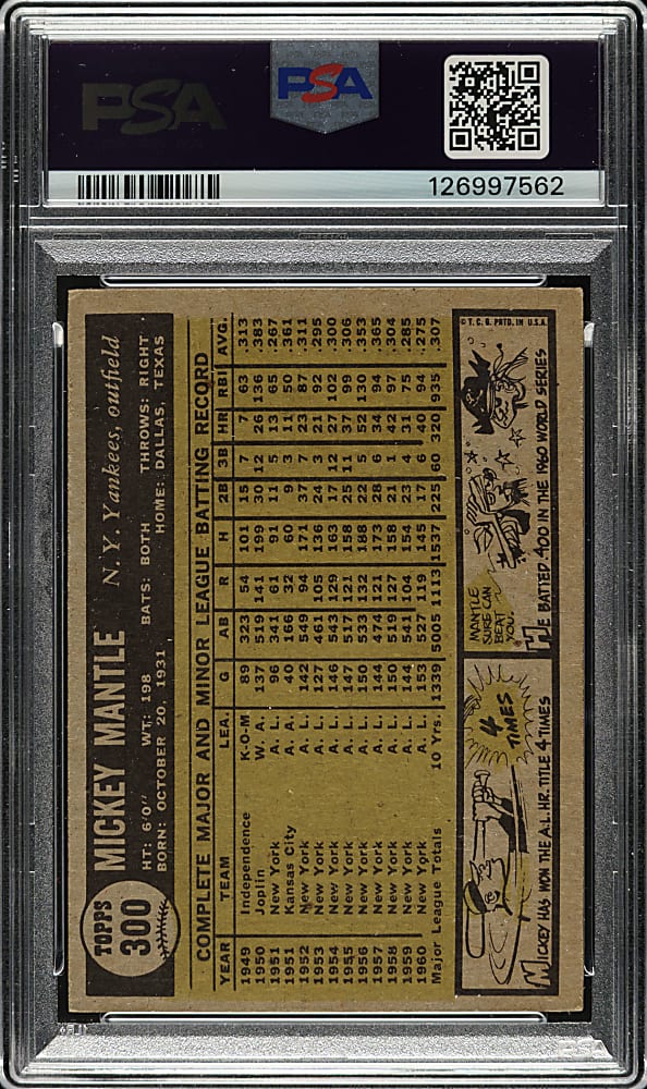 Signed 1961 Topps #300 Mickey Mantle PSA EX 5 with GEM MINT 10 Signature