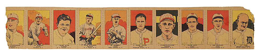 1923 W515-1 Uncut Strip Card Panel Including Babe Ruth and Ty Cobb