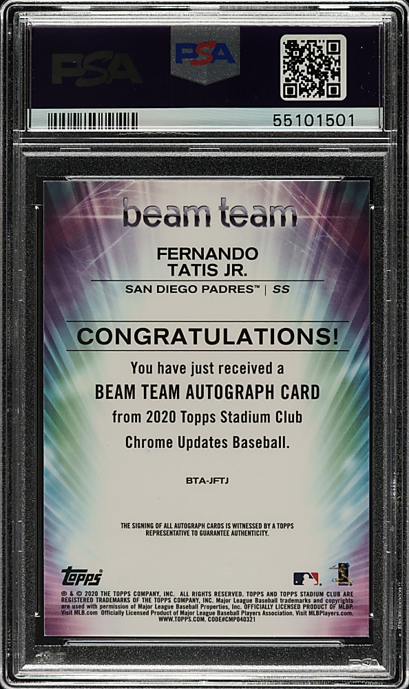 2020 Topps Stadium Club Chrome Beam Team Autographs #BTA-JFTJ Fernando Tatis Jr. Red Refractor #1/5 PSA MINT 9