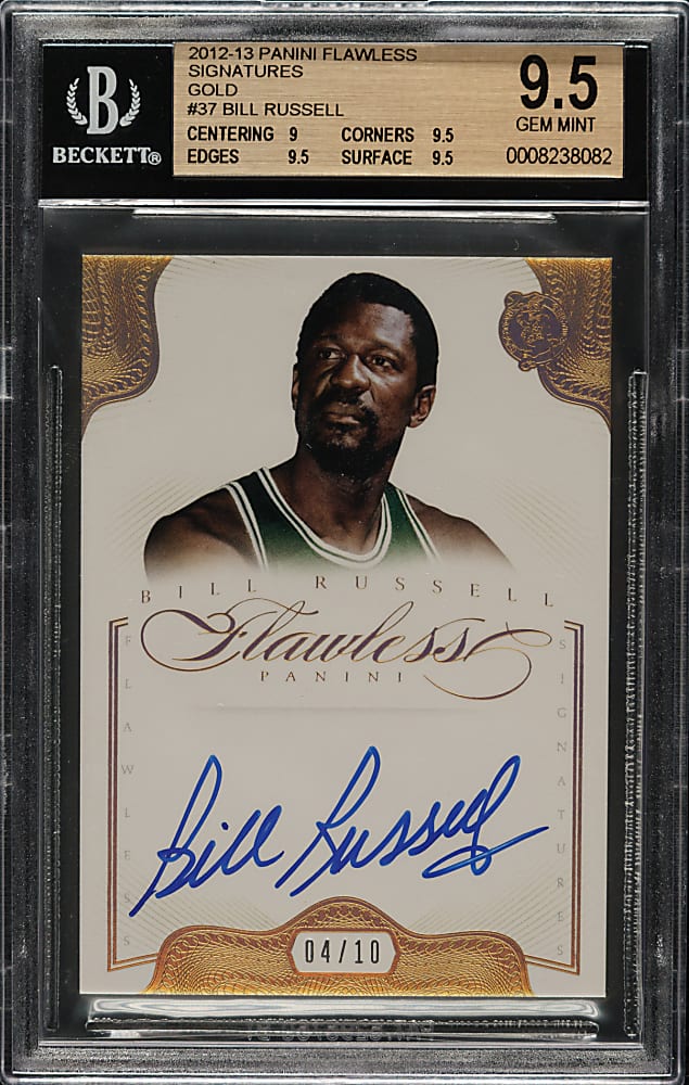 2012-2013 Panini Flawless Signatures Basketball #37 Bill Russell Gold #4/10 BGS GEM MINT 9.5 with GEM MINT 10 Signature