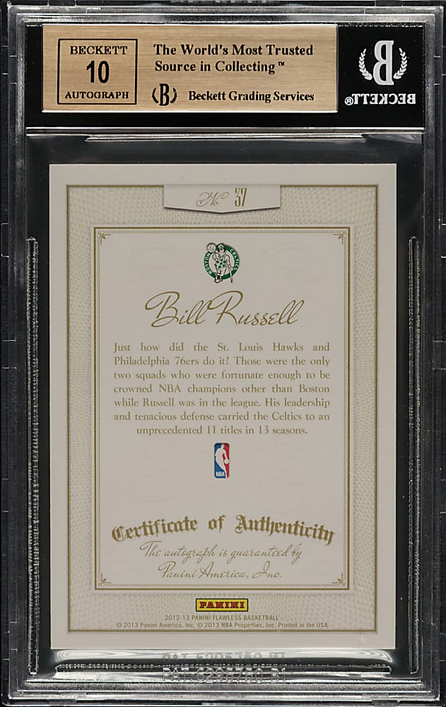 2012-2013 Panini Flawless Signatures Basketball #37 Bill Russell Gold #4/10 BGS GEM MINT 9.5 with GEM MINT 10 Signature