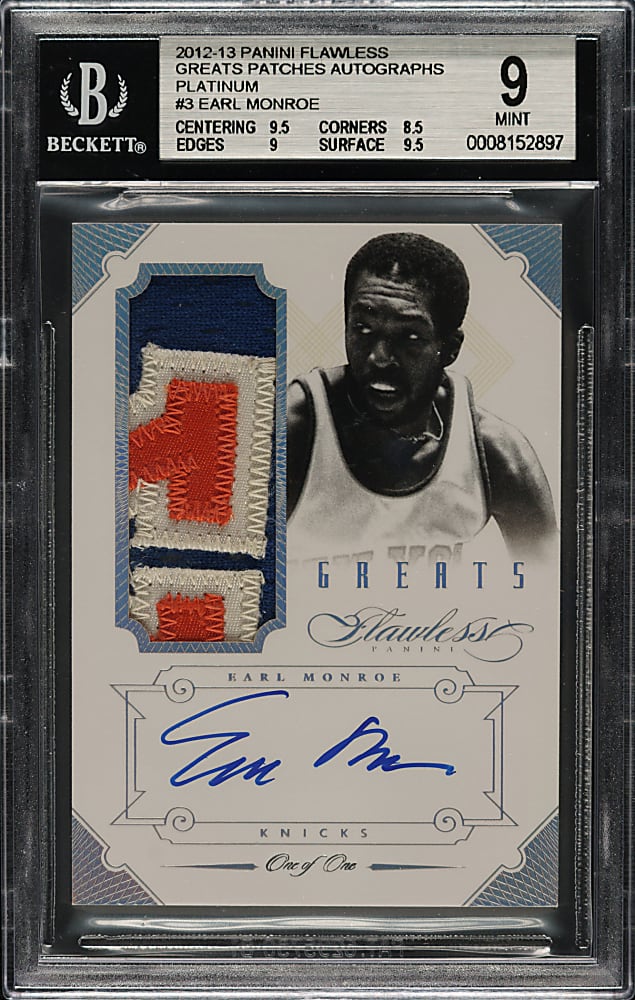 2012-2013 Panini Flawless Greats Patches Autographs Basketball #3 Earl Monroe Platinum #1/1 BGS MINT 9 with GEM MINT 10 Signature