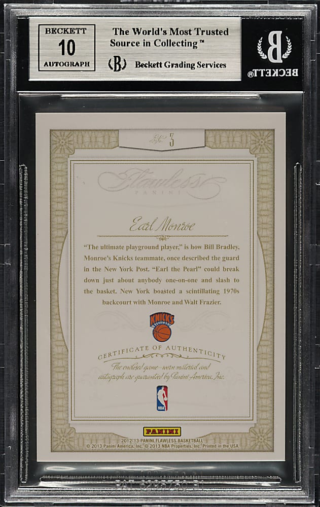 2012-2013 Panini Flawless Greats Patches Autographs Basketball #3 Earl Monroe Platinum #1/1 BGS MINT 9 with GEM MINT 10 Signature