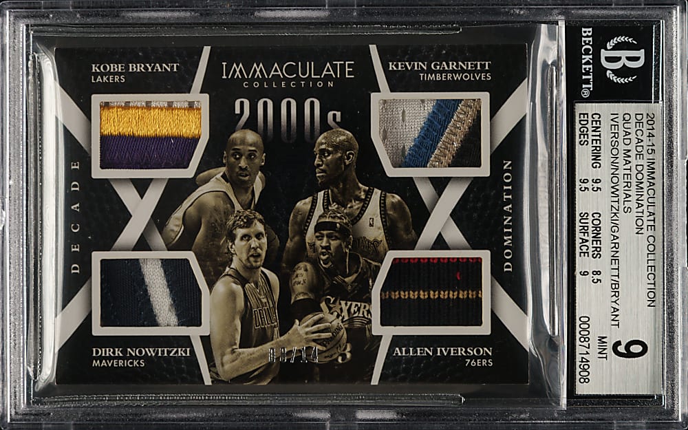 2014-2015 Panini Immaculate Collection Decade Domination Quad Material Basketball #DD-00S4 Kobe Bryant/Kevin Garnett/Dirk Nowitzki/Allen Iverson #8/14 BGS MINT 9