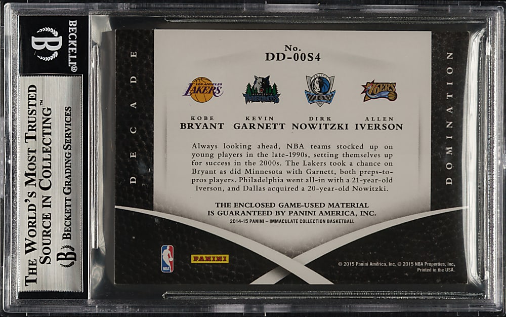 2014-2015 Panini Immaculate Collection Decade Domination Quad Material Basketball #DD-00S4 Kobe Bryant/Kevin Garnett/Dirk Nowitzki/Allen Iverson #8/14 BGS MINT 9