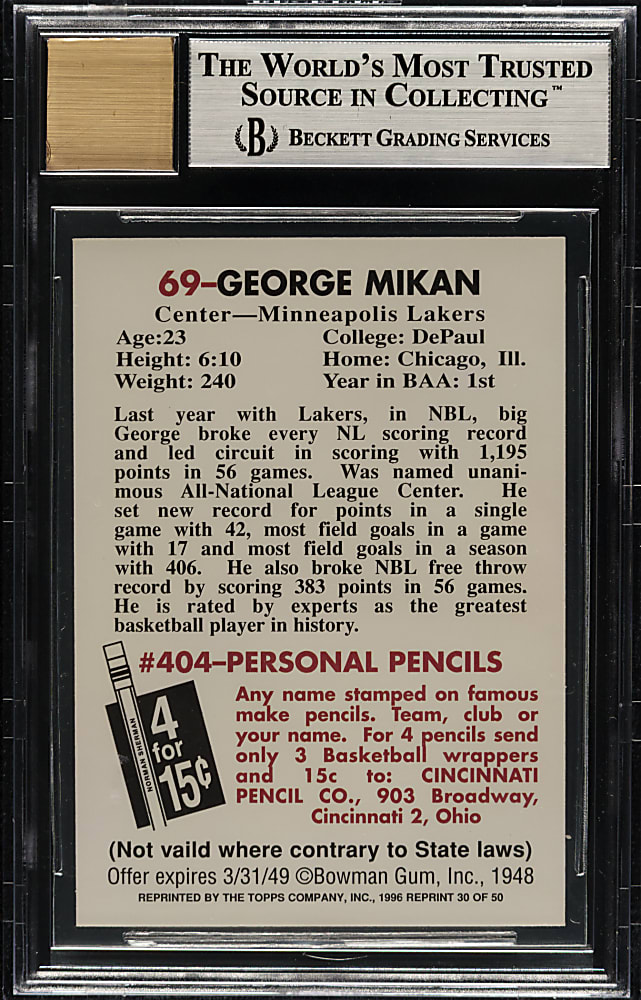 1996 Topps NBA Stars Reprint Autograph Basketball #30 George Mikan BGS MINT 9 with GEM MINT 10 Signature