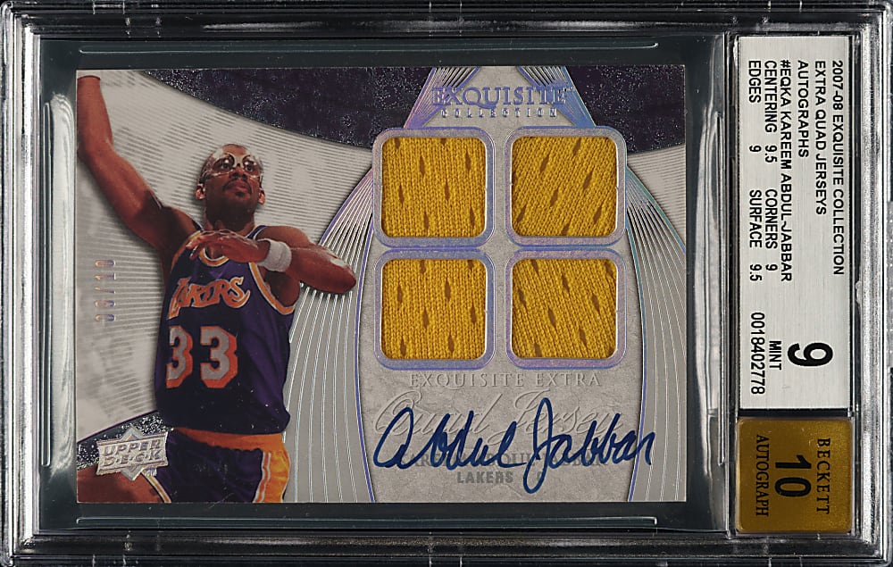 2007-2008 Upper Deck Exquisite Collection Extra Quad Jersey Autograph Basketball #EQ-KA Kareem Abdul-Jabbar #9/10 BGS MINT 9 with GEM MINT 10 Signature