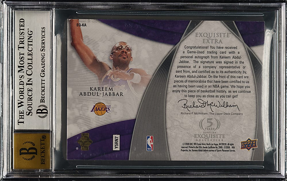 2007-2008 Upper Deck Exquisite Collection Extra Quad Jersey Autograph Basketball #EQ-KA Kareem Abdul-Jabbar #9/10 BGS MINT 9 with GEM MINT 10 Signature