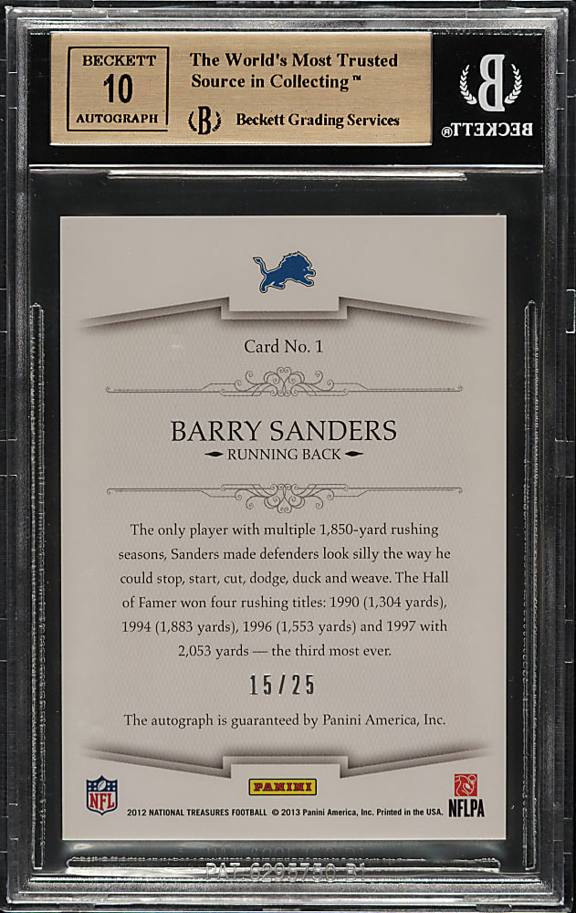 2012 Panini National Treasures NFL Greatest Signatures Football #1 Barry Sanders #15/25 BGS GEM MINT 9.5 with GEM 10 Signature