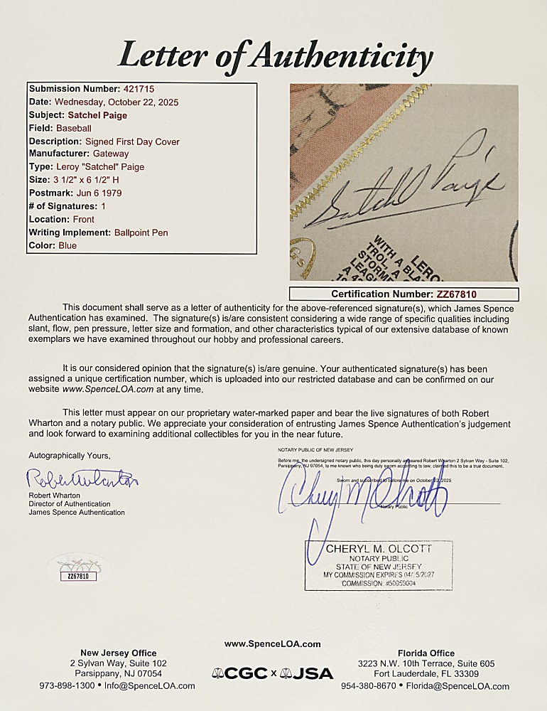 1979 Satchel Paige Signed First-Day Cover - JSA