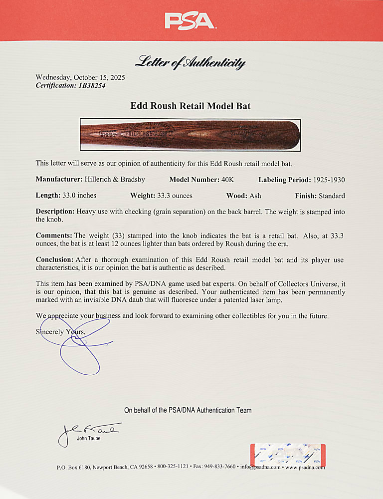 1925-1930 Edd Roush Retail Model Bat - PSA/DNA