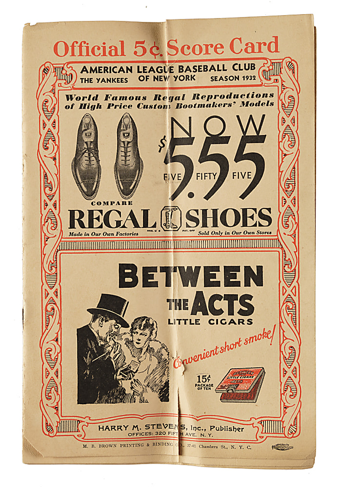 May 22, 1932 New York Yankees (vs. Philadelphia Athletics) Program - Jimmie Foxx Home Run, Lou Gehrig Triple, and Babe Ruth Two Hits