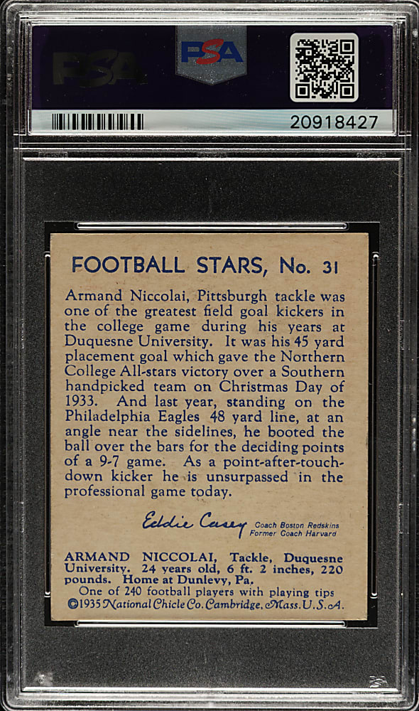 1935 R331 National Chicle Football #31 Nic Niccolai High Number PSA EX-MT 6