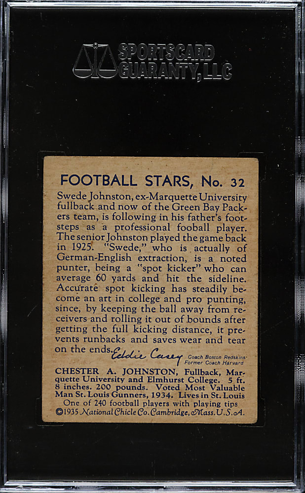 1935 R331 National Chicle Football #32 Chester "Swede" Johnston High Number SGC VG/EX 50