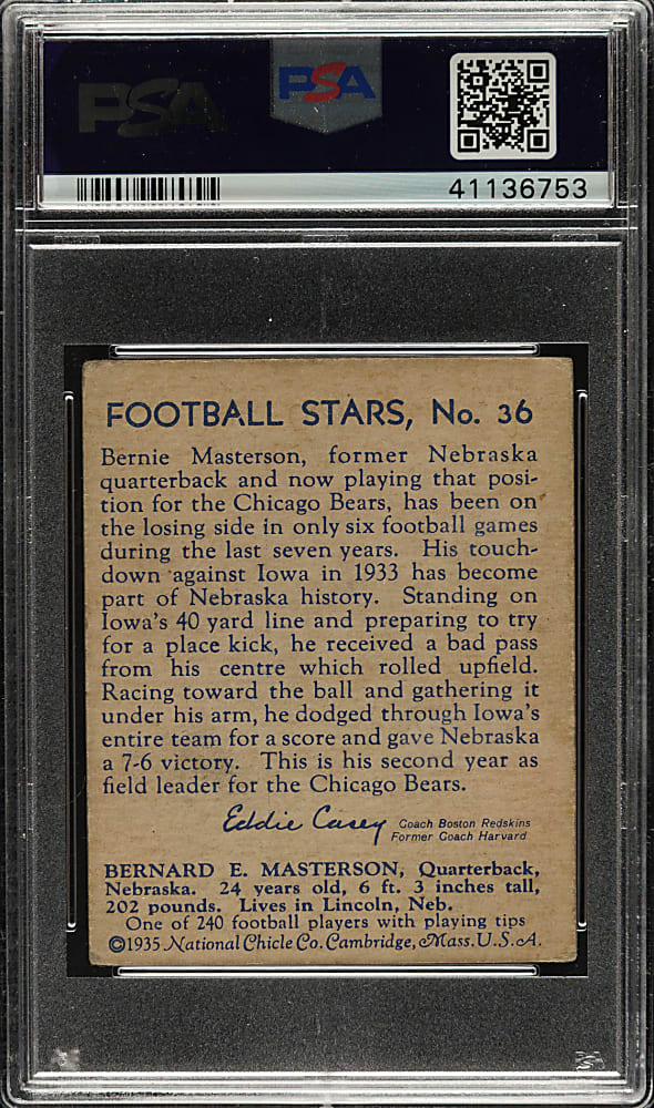 1935 R331 National Chicle Football #36 Bernie Masterson High Number PSA VG-EX 4