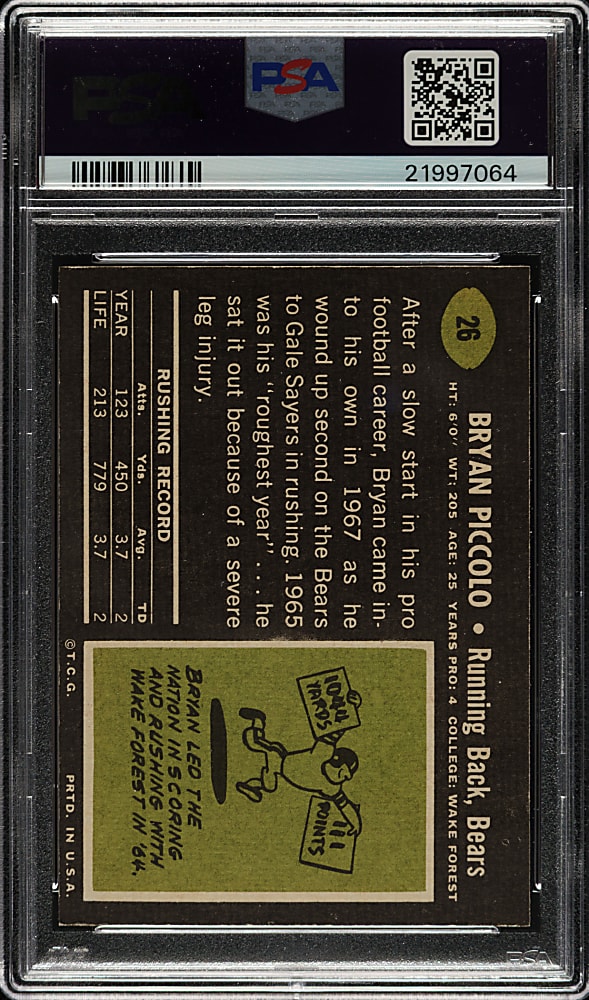 1969 Topps Football #26 Bryon Piccolo Rookie PSA MINT 9 - Highest Graded!