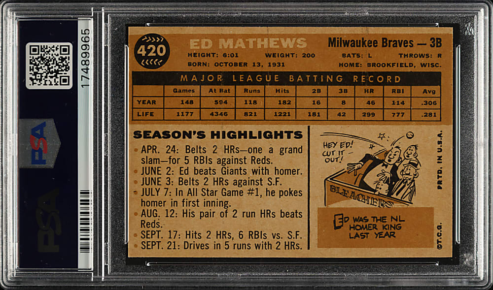 1960 Topps #420 Ed Mathews PSA MINT 9 - Highest Graded!