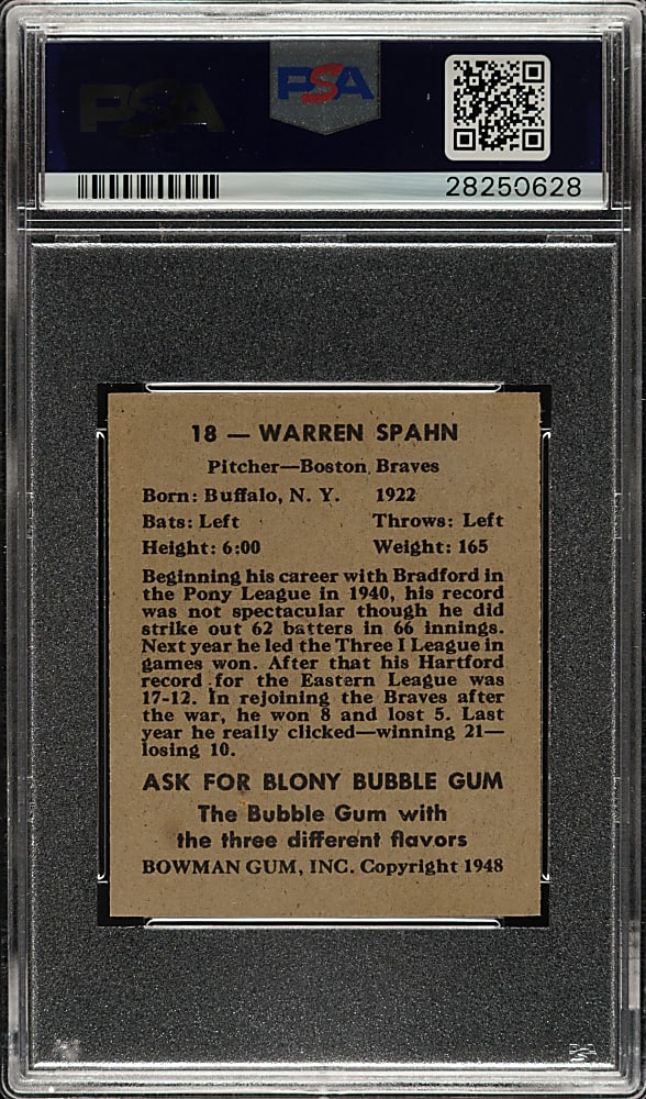 1948 Bowman #18 Warren Spahn Rookie PSA MINT 9 - Highest Graded!