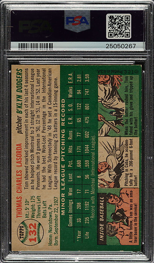 1954 Topps #132 Tom Lasorda Rookie PSA MINT 9