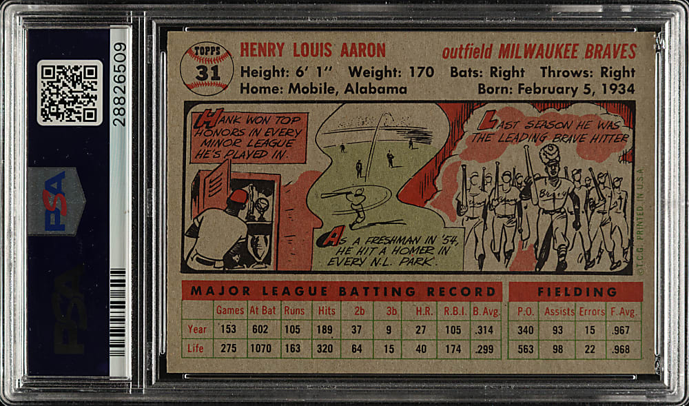 1956 Topps #31 Hank Aaron Gray Back PSA NM-MT 8