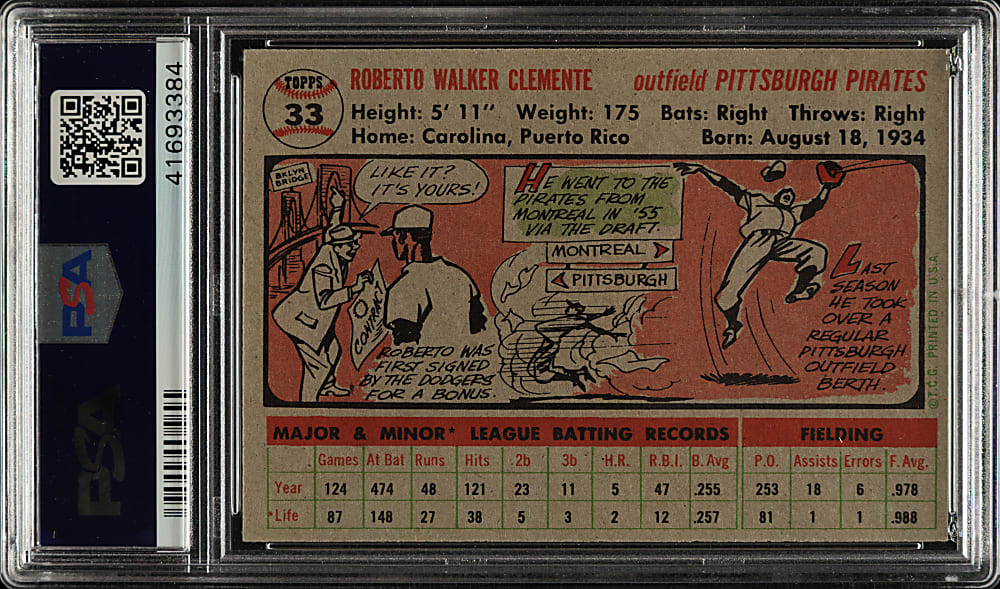 1956 Topps #33 Roberto Clemente Gray Back PSA NM-MT 8