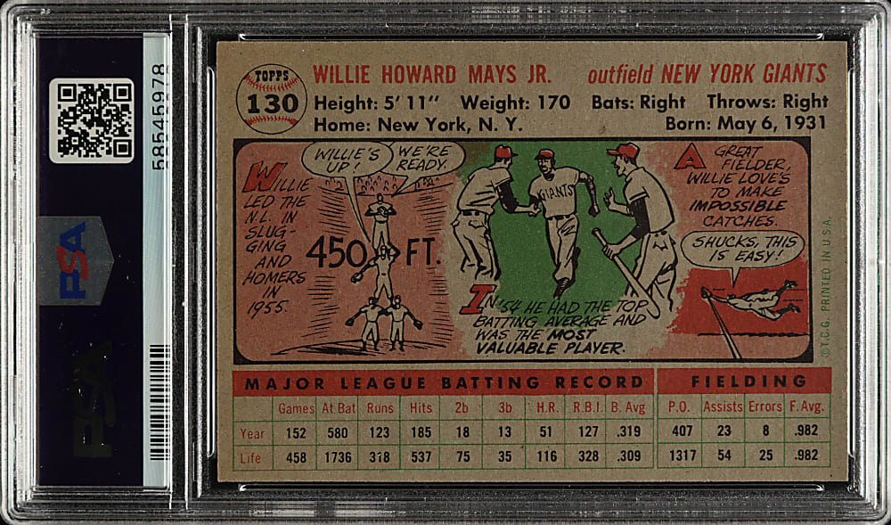 1956 Topps #130 Willie Mays Gray Back PSA NM-MT 8