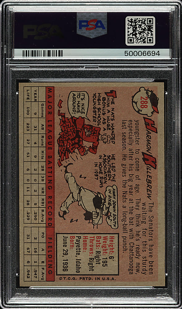 1958 Topps #288 Harmon Killebrew PSA MINT 9 - Highest Graded!