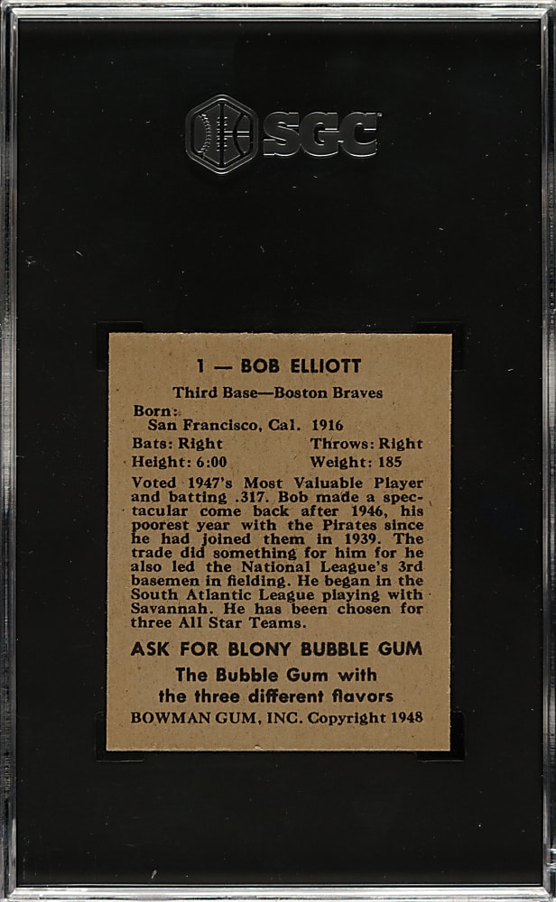 1948 Bowman #1 Bob Elliott Rookie SGC MINT 9 - 1 of 2 - Highest Graded!